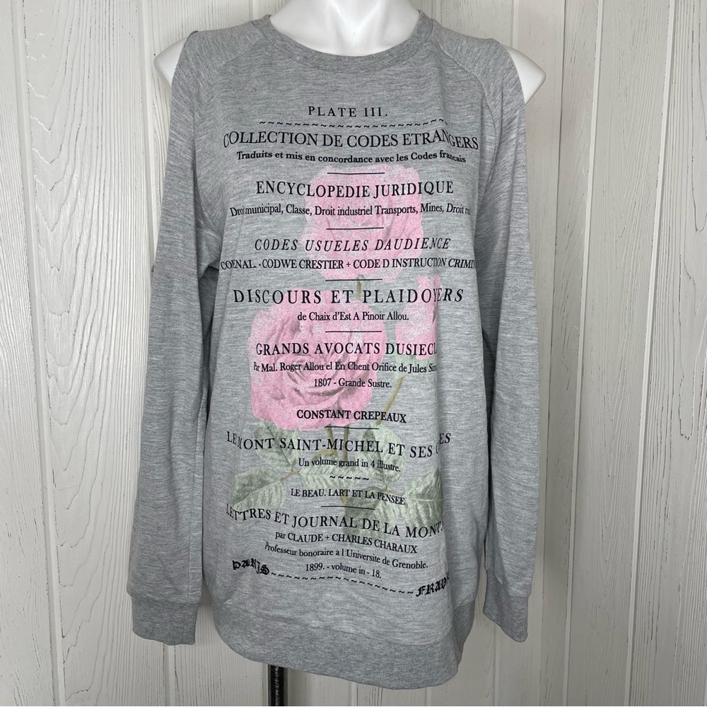 Word of Mouth Sweatshirt Small Gray Cold Shoulder Roses Long Sleeve